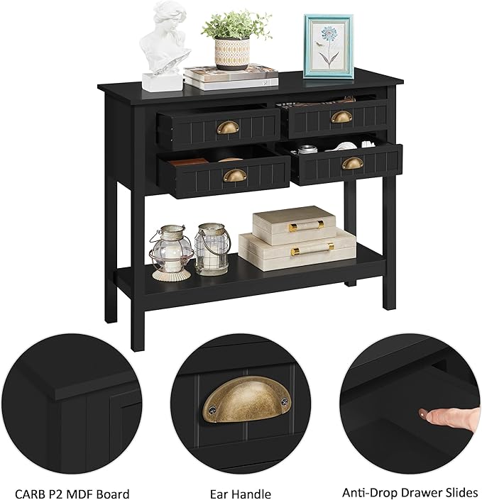 Yaheetech Console Table with 4 Drawers, Sofa Side Table with Bottom Open Storage Shelf, Heavy-Duty Entryway Tables for Hallway/Living Room, 39.5x14x32 inch, Black