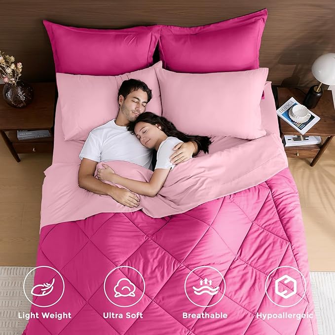 HEVUMYI Hot Pink & Baby Pink Twin-XL Comforter Set - 5-Piece All Season Bed in a Bag Twin-XL, Ultra Soft Bedding Set with Comforter, Flat Sheet, Fitted Sheet, Pillowcases, Pillow Shams