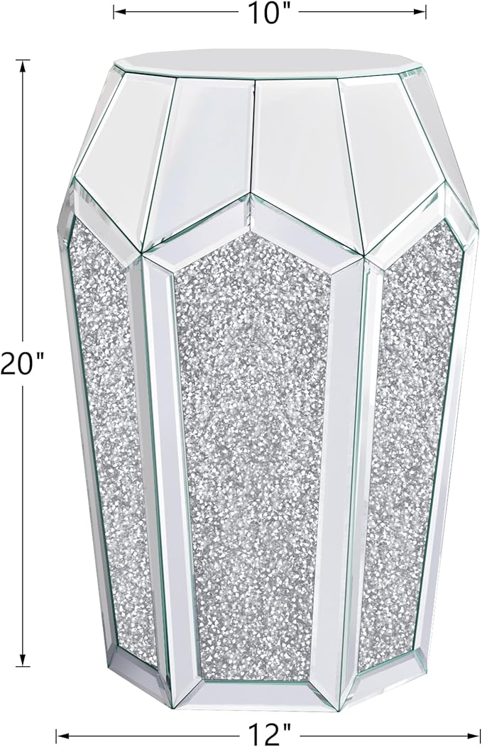 ENENE Mirrored End Table Crystal Diamond Setting Coffee Table Silver Glass Side Table Pedestal Stand for Hallway, Living Room, Corner, Bedroom, Sofa