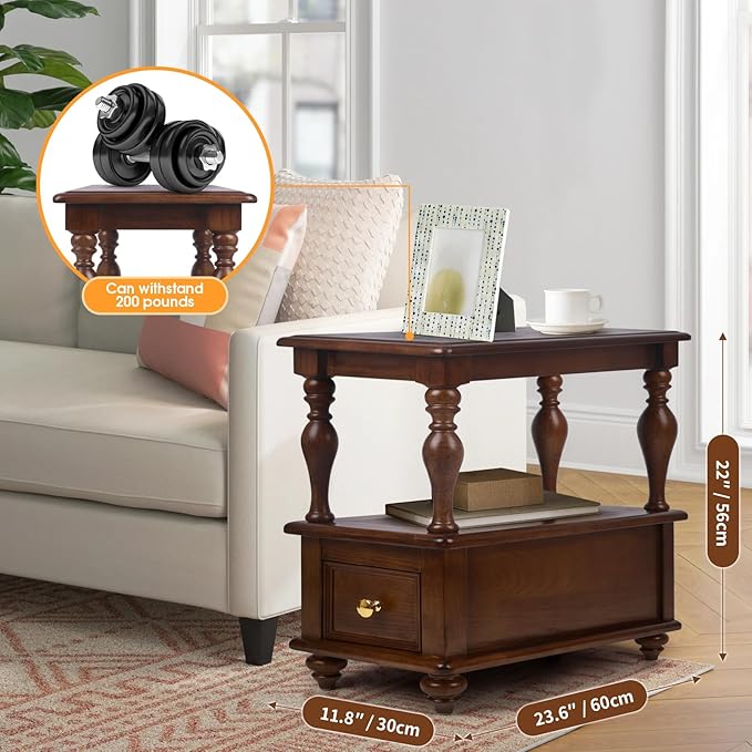 Narrow End Table with 1 Drawer and 2 Hidden Compartments for Living Room, 2-Tier Skinny Couch Side Table with Storage Shelves for Small Spaces, Solid Wood Slim Nightstand for Bedroom, Walnut