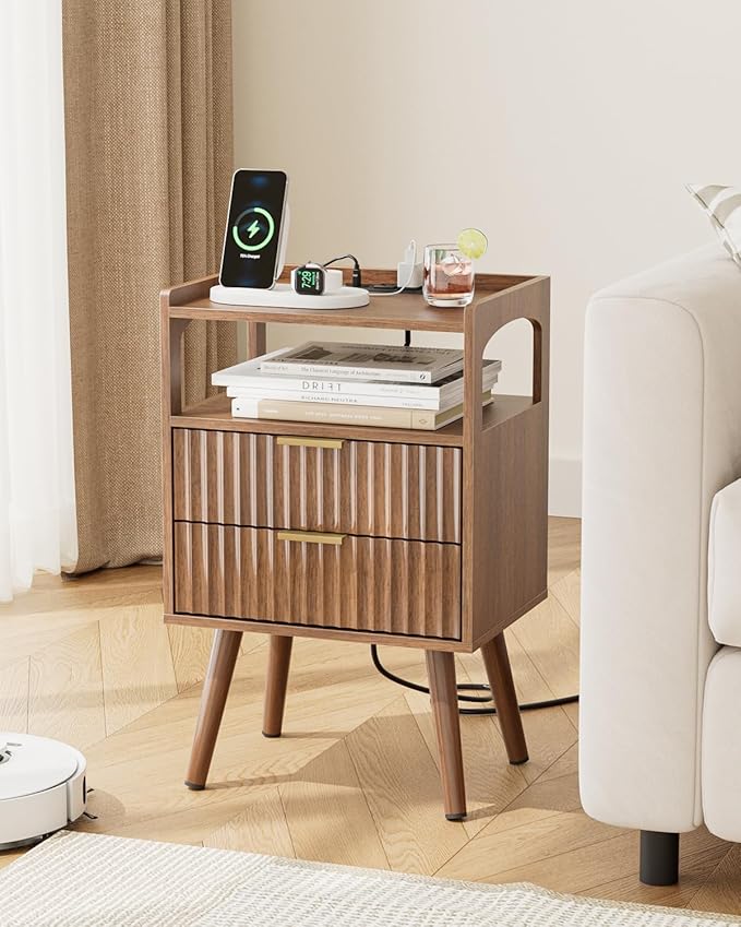 Nightstand with Charging Station and LED Lights,Modern Bedside Table with 2Drawer and Open Shelf,Walnut Night Stand with Solid Wood Legs,End Table for Living Room、Bedroom and Small Spaces