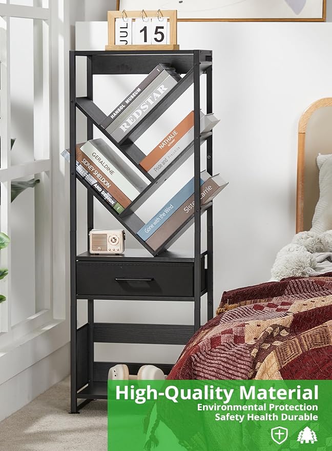 Bookshelf with Drawer,8 Tier Tree Bookcase Retro Floor Standing Bookshelves,Tall Wood Bookcases with Cabinet Storage Organizer for Living Room, Bedroom & Home Office, Black