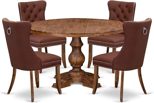 I5DA5-50N-26 5-Pc Kitchen Table Set Contain a Wooden Table and 4 Burgundy Polyester Fabric Upholstered Chairs with Button-Tufted Back, Antique Walnut