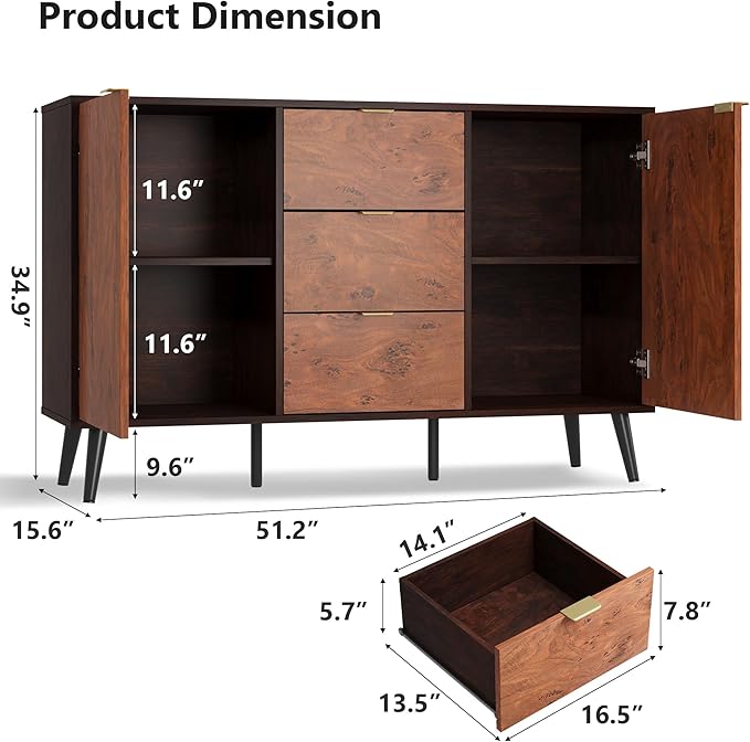 GarveeHome Buffet Cabinet with Drawers, 51.2'' Large Sideboard Buffet Credenza Storage Cabinet with Shelves and Doors, Coffee Station Cabinet with Metal Handle, Robot Vacuum Friendly (Walnut)