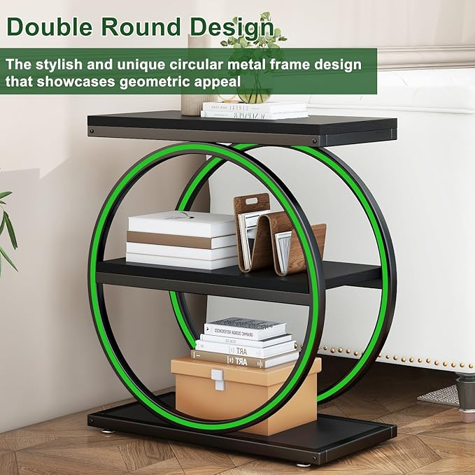 IBUYKE Narrow End Table with 3 Storage Shelves, Industrial Sofa Side Table, Double Round Metal Frames, Slim Nightstand and Bedside Table for Bedroom, Living Room, Black UTMJ418B
