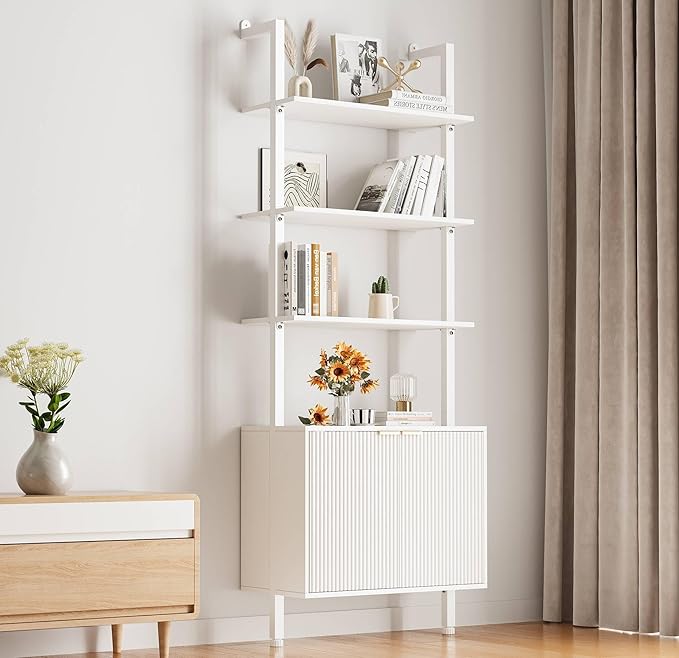 74" Tall Bookshelf with Storage Cabinet, Modern Ladder Shelf with Wood and Metal Frame, Wall Mount Bookcase Open Display Shelf Furniture for Living Room, Bedroom, Home Office, White