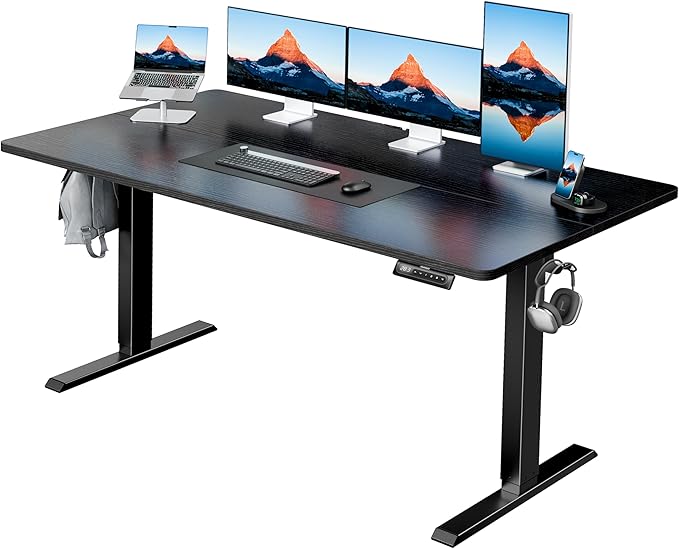 HUANUO 55" x 28" Electric Standing Desk Adjustable Height, 4 Memory Height Settings, Headphone Hook, Cable Manager, Sit Stand Up Desk for Home Office & Computer Workstation, Black