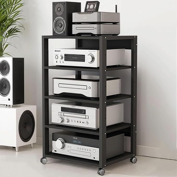 5 Tier Audio Rack Tower, CD Record Player Stereo Receiver AV Equipment Cabinet Display Rack, Weight Capacity 220 lbs, with Adjustable Wooden Shelves for Home (Black-2, 5tier)