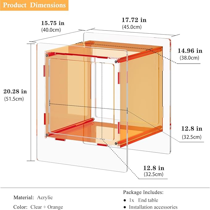 Acrylic Nightstand, Side Table, Record Player Table, End Table with Open Storage Shelf for Living Room, Bedroom, Home, Office Reception (Orange)