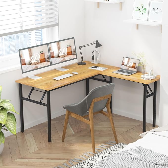 DlandHome Reversible L-Shaped Desk Large Corner Desk Folding Table Computer Desk Home Office Table Computer Workstation,Teak Black-N
