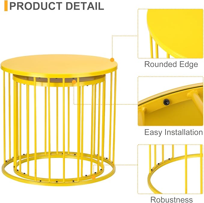 LEWIS&WAYNE Outdoor Side Table Set of 2, Metal Circle Accent End Tables for Balcony Backyard Garden Indoor Living Room, Durable Nesting Coffee Tables, 20”+16” Dia, Yellow