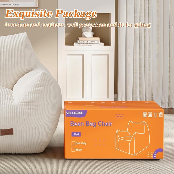 Big Bean Bag Chair for Adults & Kids, Ultra Soft Living Room Bean Bag with Armrests, Stuffed BeanBag Floor Sofa for Napping, Gaming, Lounging, Beige
