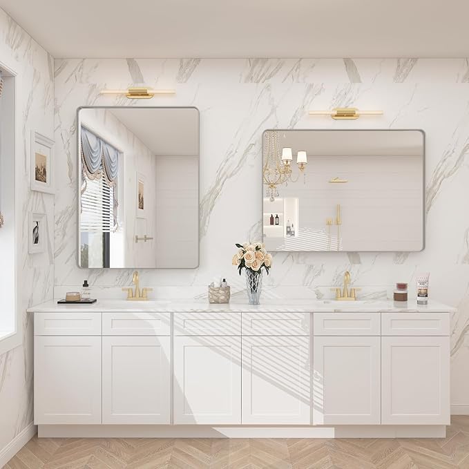 24x30 Inch Silver Bathroom Mirror, Brushed Metal Framed Vanity Mirror for Wall, Rounded Corner Rectangle Mirror, Anti- Rust (Horizontal/Vertical)