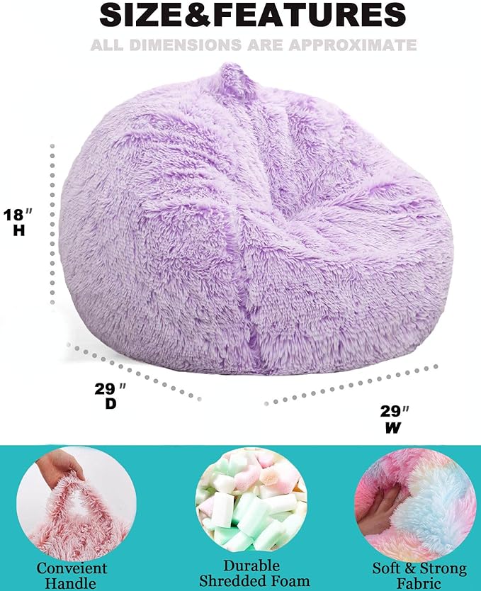 Fluffy Bean Bag Chair for Kids, 2.5FT Round Memory Foam Filled Bean Bag for Teens & Kids, Ultra Soft Faux Fur Fabric Bean Bag Chairs for Playroom, Living Room, Bedroom, Lavender