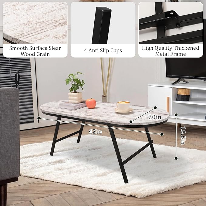 Folding Small Coffee Table Wood Low Coffee Tables with Metal Legs Portable Oval Center Table Rustic Farmhouse Furniture for Living Room Small Spaces Apartment