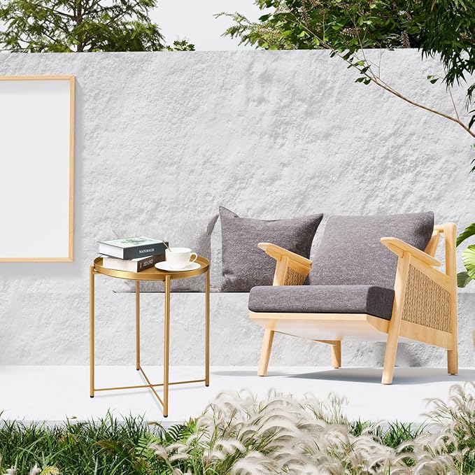 danpinera Gold Side Table 2 Pack, End Table for Small Spaces Outdoor Accent Table Round Metal Patio Coffee Table Waterproof Removable Tray for Living Room Bedroom Balcony Office