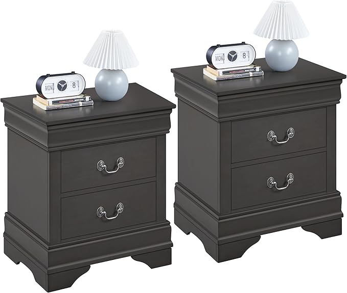 Yaheetech Fully-Assembled Nightstands Set of 2, 2-Drawer Nightstands Large Classic Bedside Tables with Storage, Wooden Painted Storage Cabinet for Bedroom, 21.5" L×16" W×24.5" H, Rustic Gray