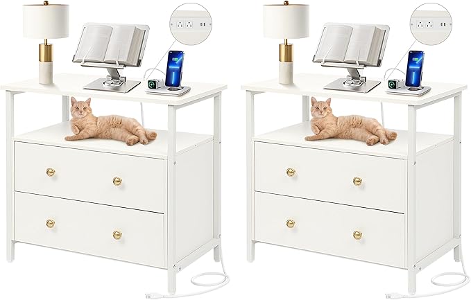 27 inch Wide Nightstand with Charging Station, Bedside Table with Open Shelf, 2 Drawers Small Wood Dresser, End Side Table for Bedroom (2 Pack,White)