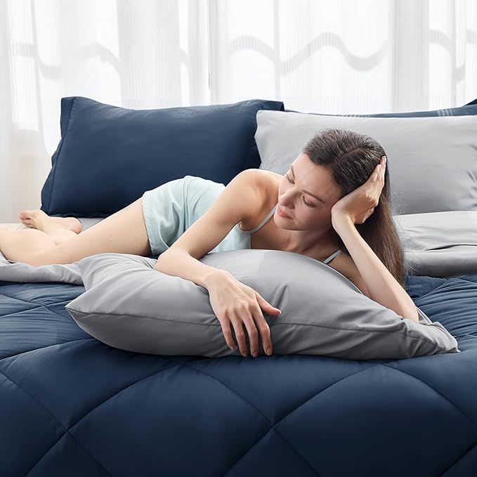 HEVUMYI Twin Comforter Set - 5-Piece All Season Bed in a Bag Twin, Ultra Soft Bedding Set with Comforter, Flat Sheet, Fitted Sheet, Pillowcases, Pillow Shams, Navy Blue & Light Grey