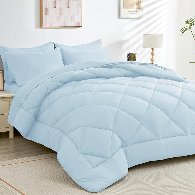 HEVUMYI Twin-XL Comforter Set - 5-Piece All Season Bed in a Bag Twin-XL, Ultra Soft Bedding Set with Comforter, Flat Sheet, Fitted Sheet, Pillowcases, Pillow Shams, Greyish Blue