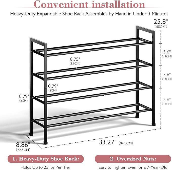 Bumusty 4-Tier Expandable Shoe Rack for Closet, 18“-33” Adjustable Shoe Rack for Small Space, Small Shoe Organizer for Front Door, Sturdy Metal, Dark Black