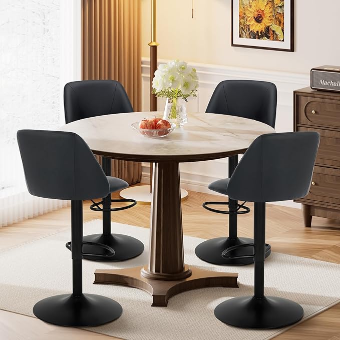 COLAMY Bar Stools Set of 3, Modern Swivel Bar Chairs, Adjustable PU Leather Upholstered Barstools Counter Height with Full Backrest for Bar, Dining Room, Kitchen Island, Black