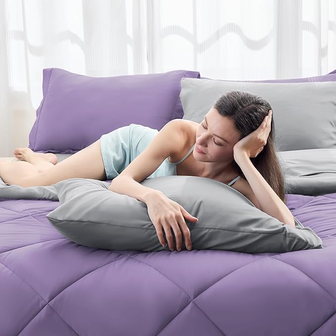 HEVUMYI Cali-King Comforter Set - 7-Piece All Season Bed in a Bag Cali-King, Ultra Soft Bedding Set with Comforter, Flat Sheet, Fitted Sheet, Pillowcases, Pillow Shams, Purple & Light Grey