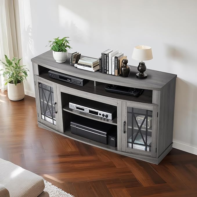 VEVOR TV Stand for TVs up to 65 inch, Farmhouse Entertainment Center with Light Strip, Wooden TV Cabinet Storage with Glass Doors and Adjustable Shelves, Console Table for Living Room, Bedroom, Gray