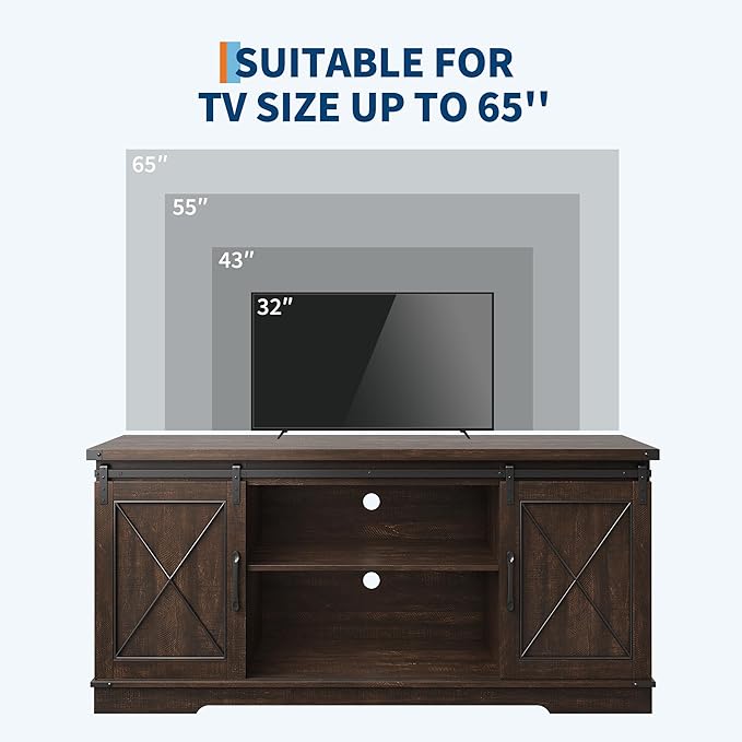 IDEALHOUSE Farmhouse TV Stand and Entertainment Center for Tv up to 65 inches with Sliding Barn Doors and Adjustable Shelf, Tv Media Console Table with Storage Cabinet for Living Room, Brown