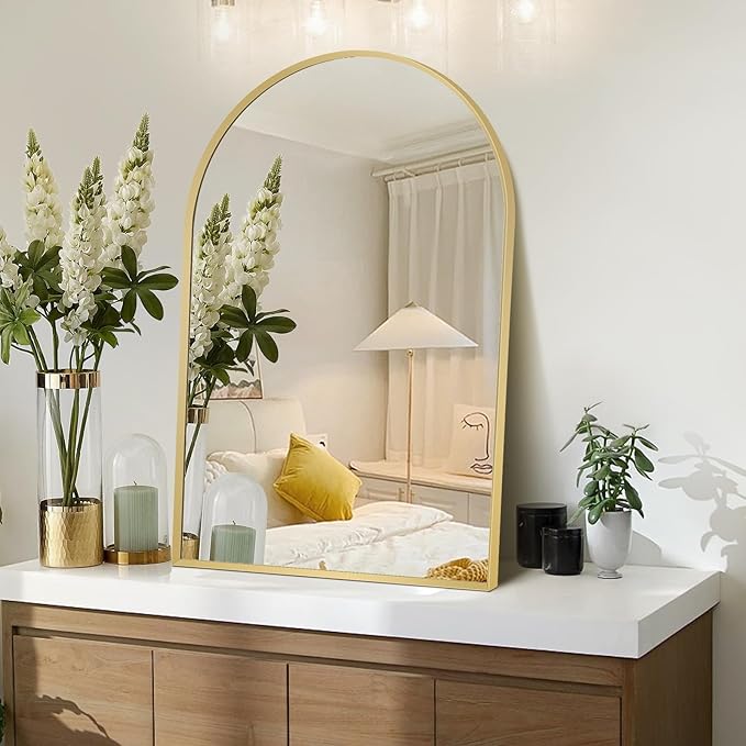 22" x 30" Gold Arched Mirror, Arch Bathroom Vanity Wall Mirror, Modern Aluminum Alloy Metal Frame Arch Mirror for Bathroom, Living Room, Bedroom, Entryway, Tempered Glass, Shatter Proof