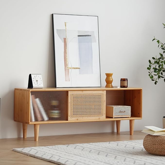 Welnow Rattan TV Stand for Up to 55 Inch, Mid Century Modern Bamboo Entertainment Center with 2 Cabinets & Adjustable Shelf, Storage Media Console Table for Living Room, Bedroom, Natural