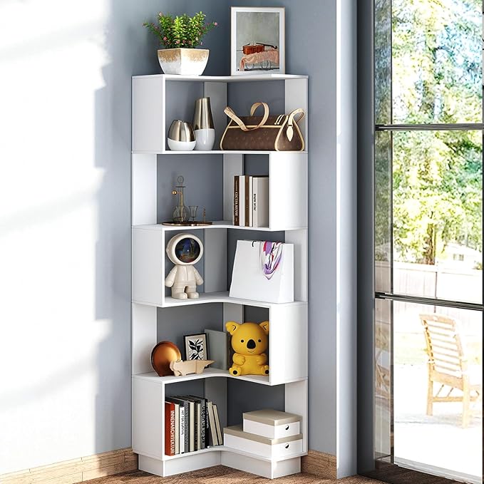 Corner Bookshelf, 68.9" Tall Wooden Corner Bookcase 5 Tiers L-Shaped Storage Freestanding Display Rack Large Open Bookshelf with Fixture for Living Room Bedroom Study Office (White)