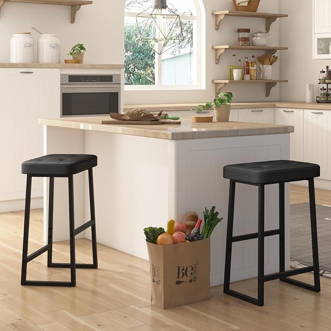 Bar Stool, Kitchen Island Chairs,Counter Height Bar Stools, Modern Synthetic Leather with Stitching, 26 inches high, for Kitchen/Family Restaurant/Dining Room/Farmhouse, Black