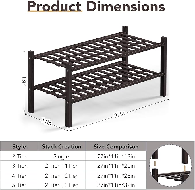 Haddockway 2 Tier Bamboo Shoe Rack Storage Organizer, Multifunctional Free Standing Stackable Shoe Shelf with Grid Panel for Closet,Hallway,Entryway,Small Space 27"x11"x13"(Brown, 2 Tier)