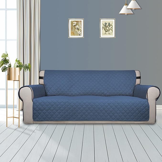 PureFit Reversible Sofa Couch Cover Water Resistant Couch Covers for 3 Cushion, Washable Furniture Cover with Non-Slip Foam and Adjustable Strap for Dogs, Pets (Sofa, Dark Blue/Light Blue)