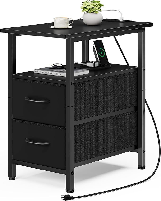 Vagusicc Black End Table with Charging Station, Narrow Side Table, 23.8'' Tall Nightstand with 2 Fabric Drawers, Small Sofa Side Table Narrow Nightstand for Small Spaces, Living Room, Bedroom, Black