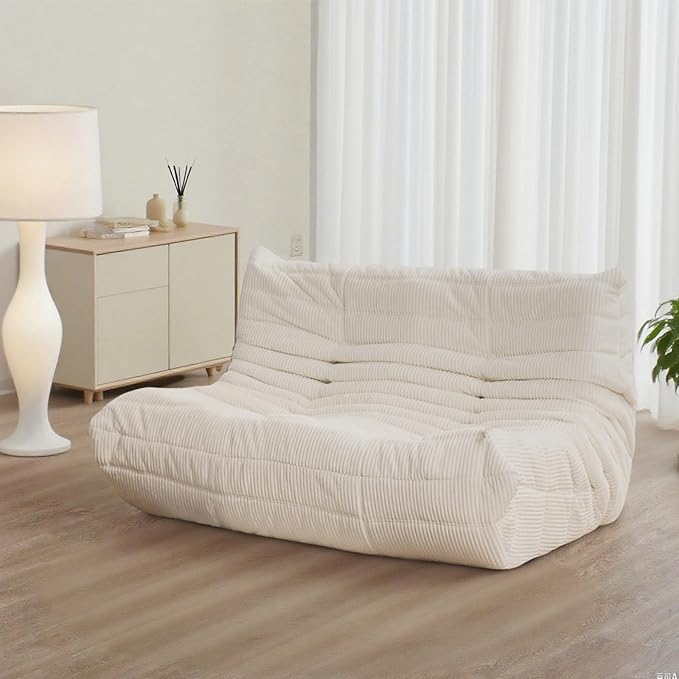 Fireside Loveseat Mid-Century Armless Sofa — Twin-Size Floor Lounger in Soft Premium Corduroy, Foam-Filled Accent Chair for Living Room or Bedroom (Ivory, Two Seater)