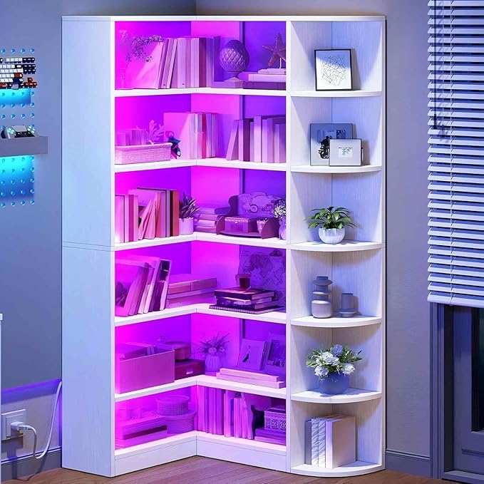 YITAHOME Corner Bookshelf with LED Light, 6 Tier Corner Shelf White Bookshelf L-Shaped Bookcase Storage Display Shelf for Home Office, Living Room, White
