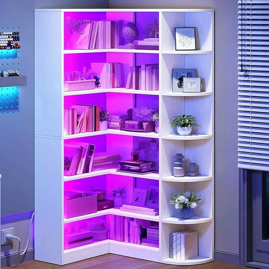 YITAHOME Corner Bookshelf with LED Light, 6 Tier Corner Shelf White Bookshelf L-Shaped Bookcase Storage Display Shelf for Home Office, Living Room, White