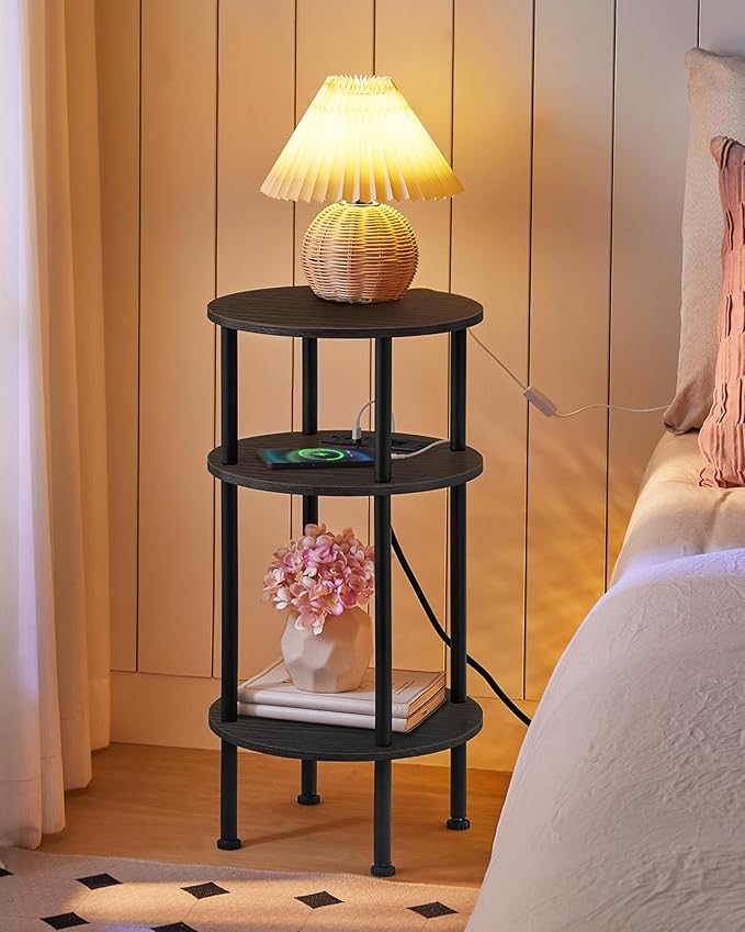 Small Round Side Table with Charging Station, 3-Tier Round End Table for Small Spaces, Nightstand for Living Room, Bedroom, Black TBZ06UBB