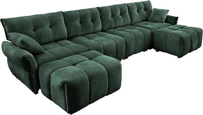 Modern Chenille Fabric 4-Seat Sofa w/Two Ottoman+2 Pillows, Premium Upholstery Living Room Couch with Tufted Backrest & Comfortable Armrests and High-Resilience Memory Foam Cushions,Green