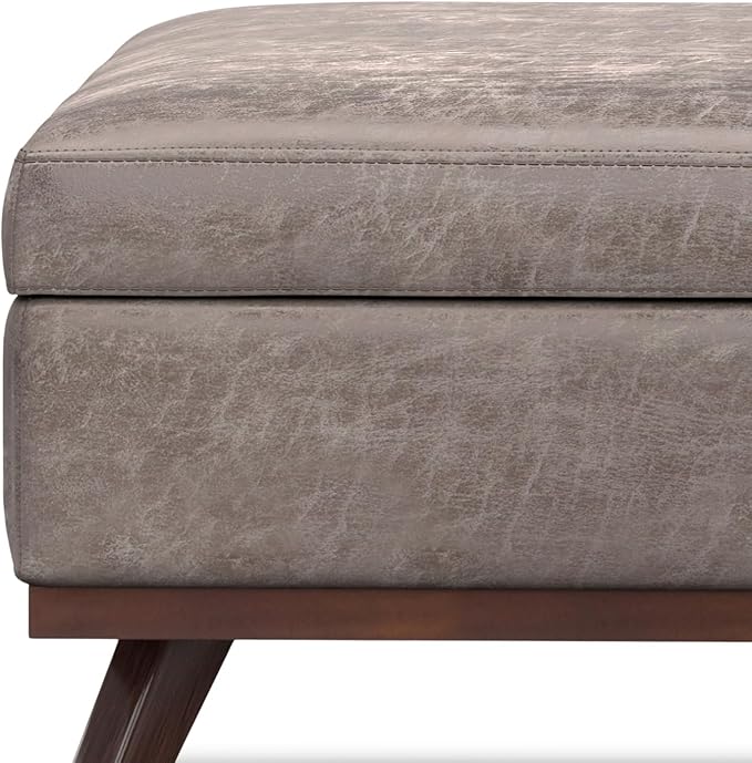 SIMPLIHOME Owen 40 inch Wide Mid Century Modern Square XL Coffee Table Storage Ottoman in Distressed Grey Taupe Vegan Faux Leather, Assembled, for The Living Room, Entryway and Family Room