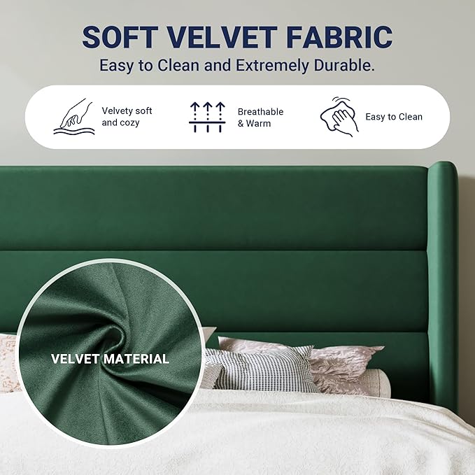 Allewie Queen Size Platform Bed Frame with Velvet Upholstered Wingback Headboard, No Box Spring Needed, Under Bed Storage Space, Strong Wooden Slats, Modern Mattress Foundation, Easy Assembly, Green