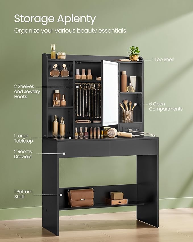 VASAGLE Vanity Desk with Power Outlets, Makeup Vanity with Mirror and Lights, Upholstered Vanity Stool, Dimmable LED Lights, 6 Compartments, 2 Drawers, for Bedroom, Ink Black URDT031B01