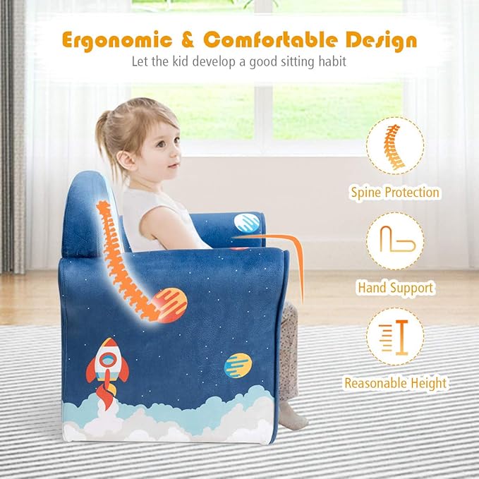 Costzon Kids Couch, Children's Sofa Armrest Chair with Pattern, Toddler Furniture w/Sturdy Wood Construction, Preschool, Lightweight Children Couch Sofa Chair for Aged 1-5 Boys & Girls Gifts, Spaceman