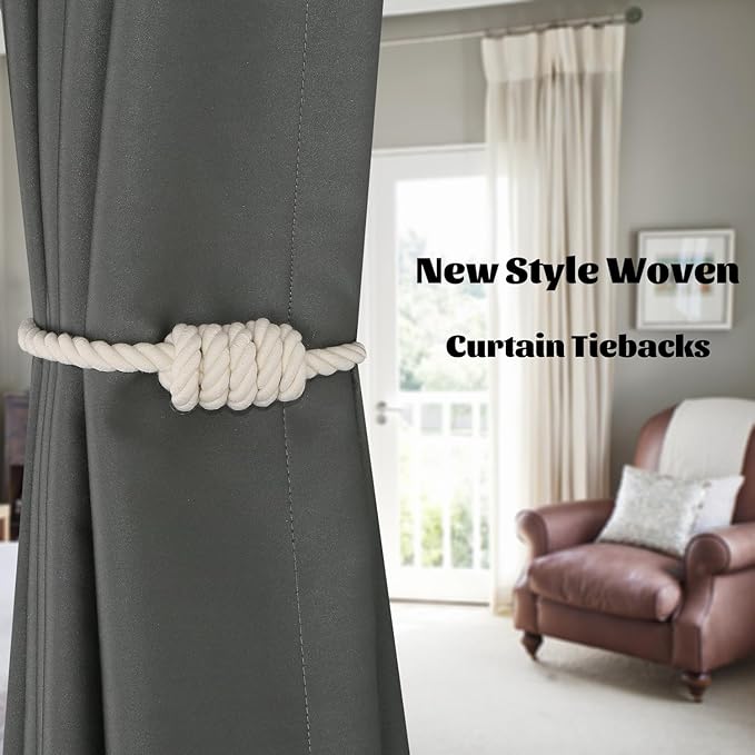 BEL AVENIR Magnetic Cotton Curtain Tiebacks, Decorative Drapery Holdbacks Modern Woven Tie-Backs with Exquisite Knot (Cotton, 6 Pack)
