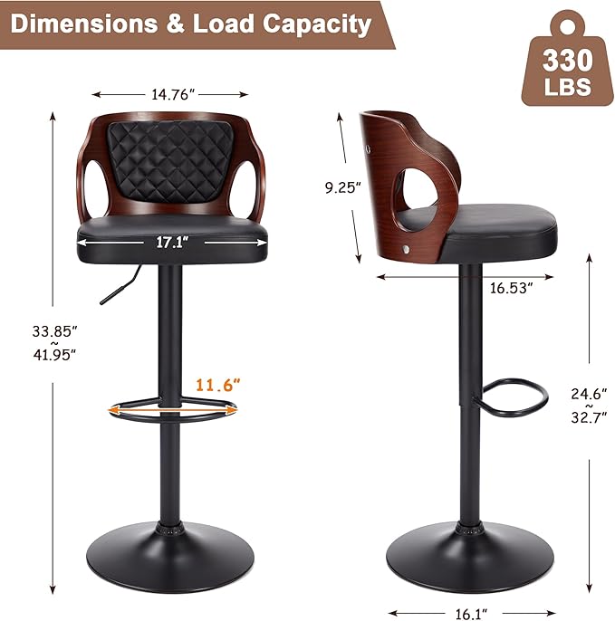 VECELO BarStools Set of 2,Counter Height Stools with Bentwood Back&Arm, Swivel Barstools,PU Leather Kitchen Island Stools, Adjustable Height Bar Chairs for Club Pub Dining Room,Black