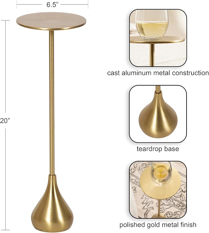 Kate and Laurel Hersi Decorative Modern Pedestal Drink Table; 7 x 7 x 20; Gold; Cast Aluminum Mini Table with Teardrop Base for Use as Small Plant Stand or Living Room Martini Table