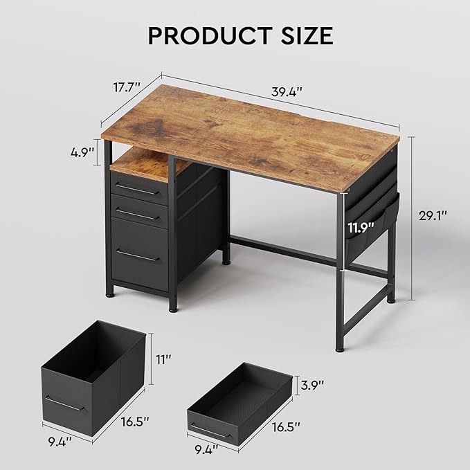 Ｍａｉｈａｉｌ Maihail Small Desk with Drawers, 40 inch Computer Desk with Shelves, Writing Desk with Storage, Small Office Desk with Metal Frame, Rustic Brown