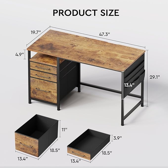 Maihail Computer Desk with Drawers, 47 inch Desk with 2 Drawers and Shelves, Office Desk with Storage, Desk with Storage Bag, Home Office desks with Drawers, Metal Frame for PC Laptop, Rustic Brown2